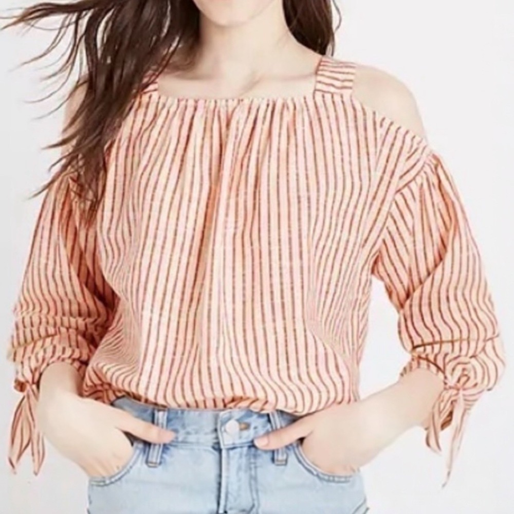 Madewell Women Large Cold Shoulder‎ Top Women Red White Striped Cotton Boho - Picture 4 of 11